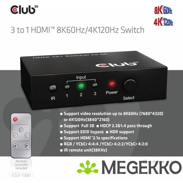 Grote foto club3d 3 to 1 hdmi 8k60hz 4k120hz switch computers en software netwerkkaarten routers en switches