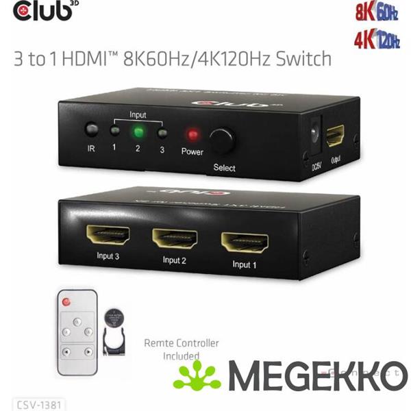 Grote foto club3d 3 to 1 hdmi 8k60hz 4k120hz switch computers en software netwerkkaarten routers en switches