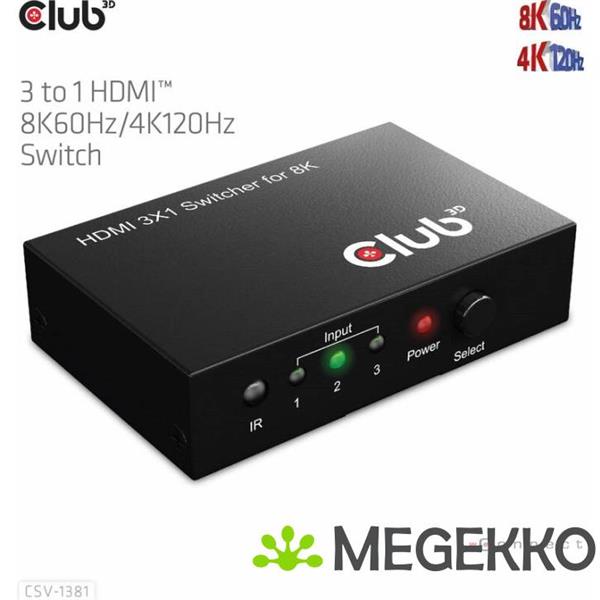 Grote foto club3d 3 to 1 hdmi 8k60hz 4k120hz switch computers en software netwerkkaarten routers en switches