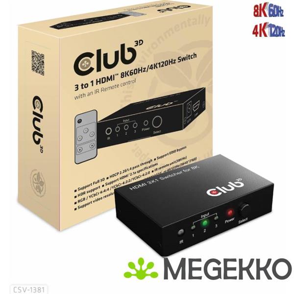 Grote foto club3d 3 to 1 hdmi 8k60hz 4k120hz switch computers en software netwerkkaarten routers en switches