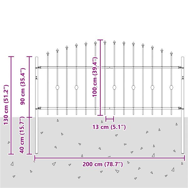 Grote foto vidaxl spike fence zwart 200 x 130 cm gepoedercoat staal tuin en terras hekken en schuttingen