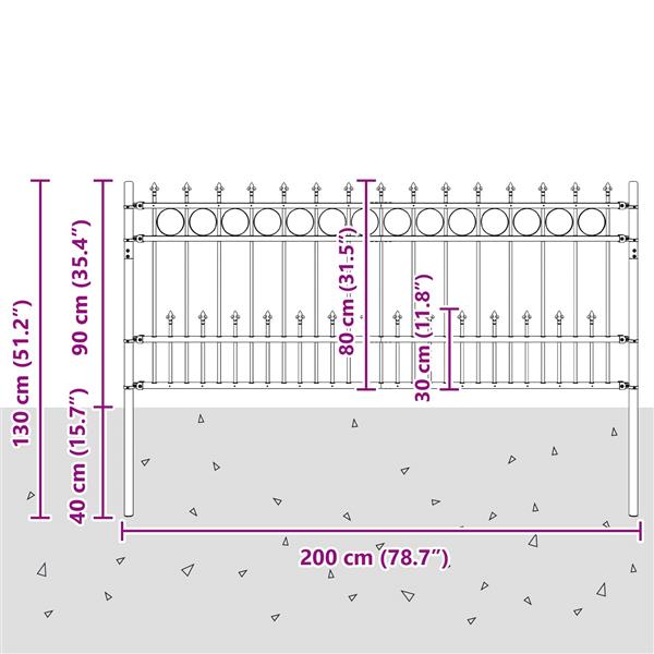 Grote foto vidaxl spike ring hek zwart 200 x 130 cm gepoedercoat staal tuin en terras hekken en schuttingen