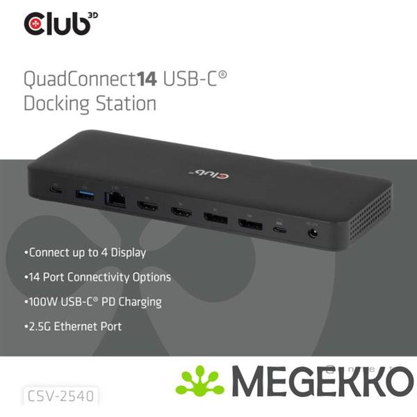 Grote foto club3d club 3d 14 in 1 usb c quad display dockingstation 4 schermen 100w snelladen computers en software overige computers en software