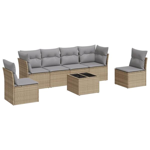 Grote foto vidaxl 7 delige loungeset met kussens poly rattan beige tuin en terras tuinmeubelen