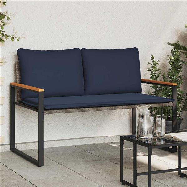 Grote foto vidaxl bank met kussen grijs en marineblauw 115 x 65 x 72 cm rattan tuin en terras tuinmeubelen