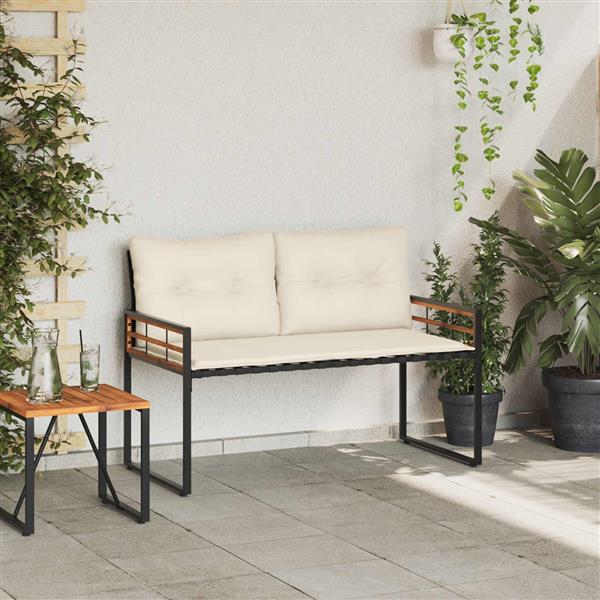 Grote foto vidaxl houten laag bank met kussen effen cr me 114 x 55 x 77 cm tuin en terras tuinmeubelen