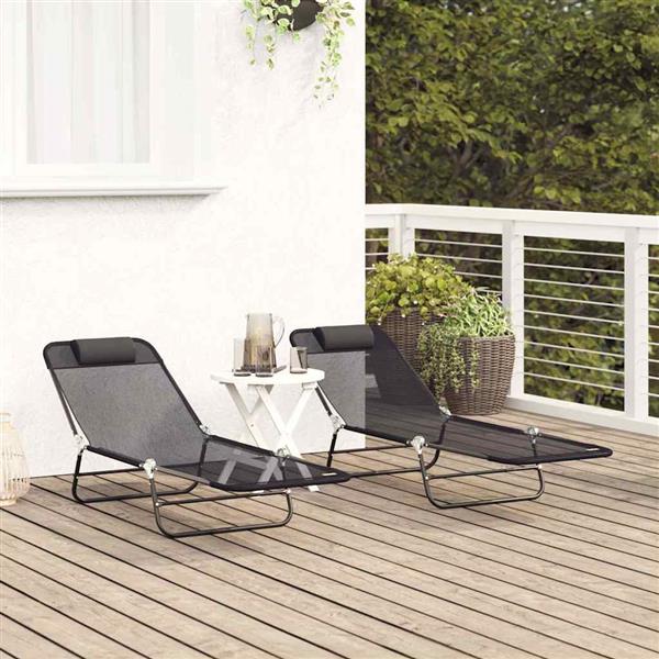 Grote foto vidaxl opvouwbare zonnebed 2 pcs zwart 182 x 55 x 85 5 cm textileen tuin en terras tuinmeubelen