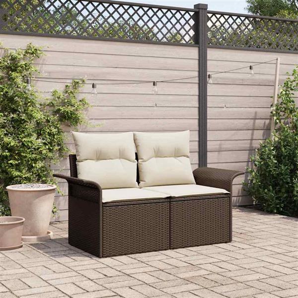 Grote foto vidaxl tuinbank met kussen bruin 141 x 62 x 69cm poly rattan tuin en terras tuinmeubelen