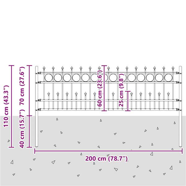 Grote foto vidaxl spike ring hek zwart 200 x 130 cm gepoedercoat staal tuin en terras hekken en schuttingen