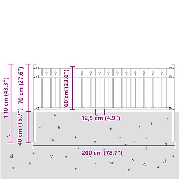 Grote foto vidaxl spike hek zwart 200 x 110 cm gepoedercoat staal tuin en terras hekken en schuttingen