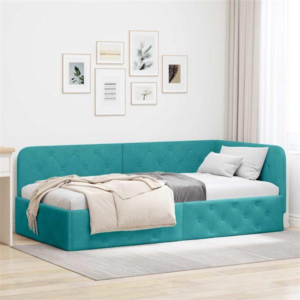 Grote foto vidaxl hoekbedframe turquoise 90 x 200 cm fluweel antiek en kunst stoelen en banken
