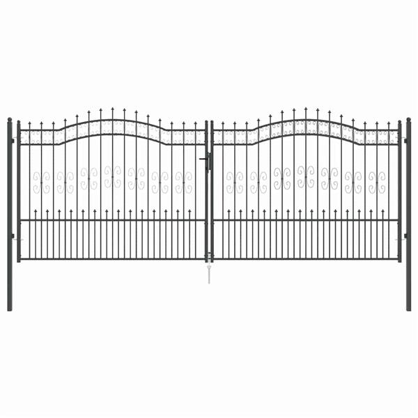 Grote foto vidaxl hekpoort met spear boven met slot grijs 404 x 150 cm staal tuin en terras hekken en schuttingen