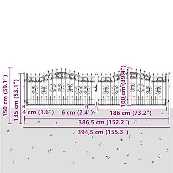 Grote foto vidaxl hekpoort met spear boven met slot grijs 404 x 100 cm staal tuin en terras hekken en schuttingen