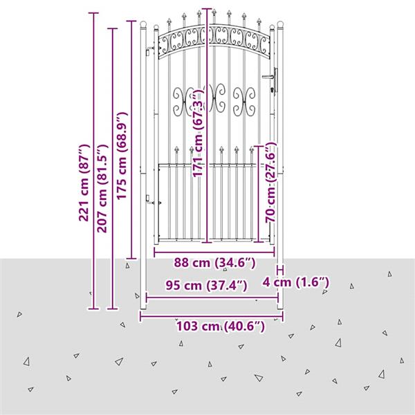 Grote foto vidaxl hekpoort met spear boven met slot grijs 103 x 175 cm staal tuin en terras hekken en schuttingen