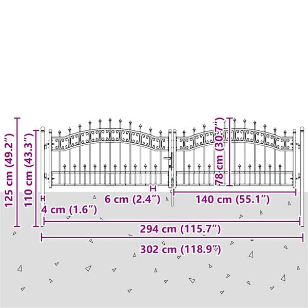 Grote foto vidaxl hekpoort met spear boven met slot grijs 305 x 75 cm staal tuin en terras hekken en schuttingen