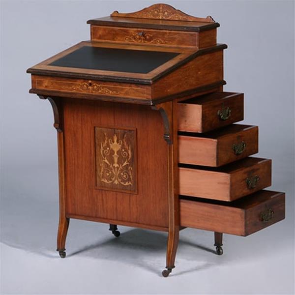 Grote foto engelse notenhouten davenport ca 1880 met blond inlegwerk en div vakjes no.381225 antiek en kunst overige in antiek gebruiksvoorwerpen