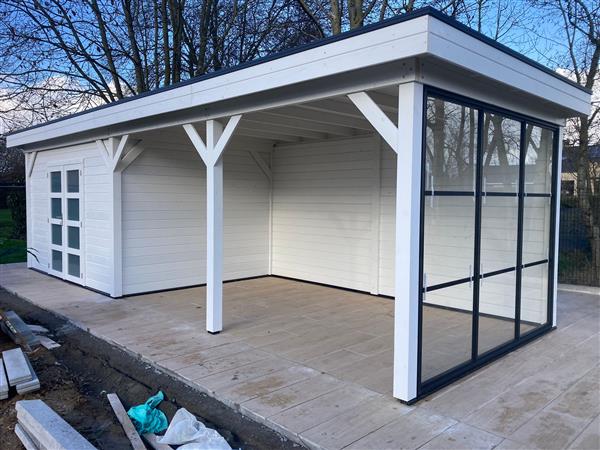 Grote foto vuren bosuil 300 x 300 en luifel 300 cm tuin en terras tuinhuisjes en blokhutten