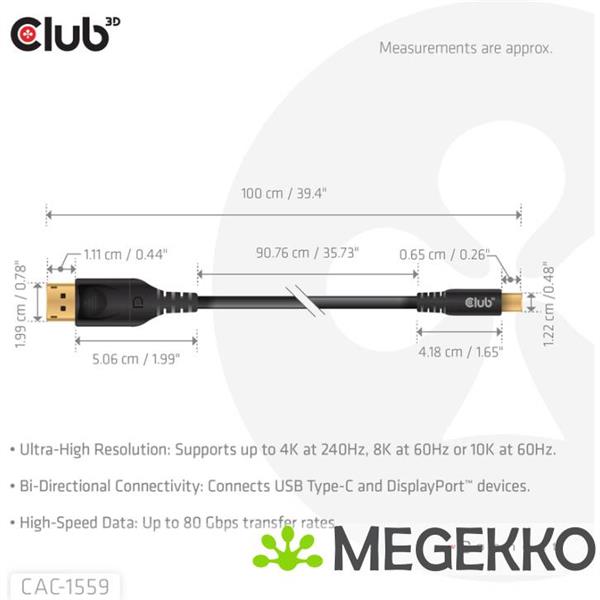 Grote foto club3d usb type c cable to dp 2.1 bi directional vesa dp80 certified cable m m 1m 3.28ft computers en software overige computers en software