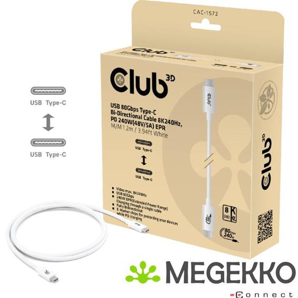Grote foto club3d usb 80gbps certified 240w 8k240hz type c 1.2m 3.94ft white cable computers en software overige computers en software