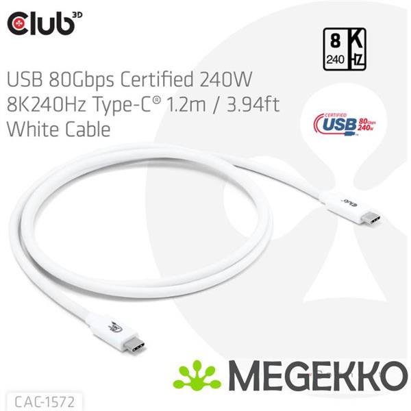 Grote foto club3d usb 80gbps certified 240w 8k240hz type c 1.2m 3.94ft white cable computers en software overige computers en software