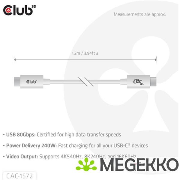Grote foto club3d usb 80gbps certified 240w 8k240hz type c 1.2m 3.94ft white cable computers en software overige computers en software