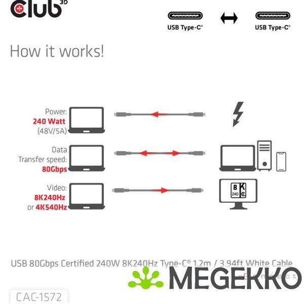 Grote foto club3d usb 80gbps certified 240w 8k240hz type c 1.2m 3.94ft white cable computers en software overige computers en software