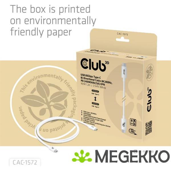 Grote foto club3d usb 80gbps certified 240w 8k240hz type c 1.2m 3.94ft white cable computers en software overige computers en software