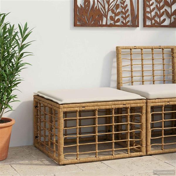 Grote foto vidaxl tuinvoetenbank met kussen naturel 55 x 55 x 37 cm poly rattan tuin en terras tuinmeubelen
