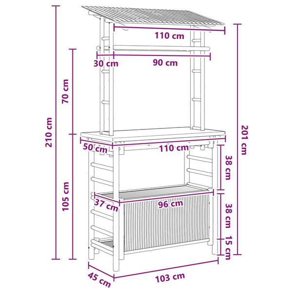 Grote foto vidaxl buiten bartafel met opslag naturel 110 x 50 x 210 cm bamboe tuin en terras tuinmeubelen