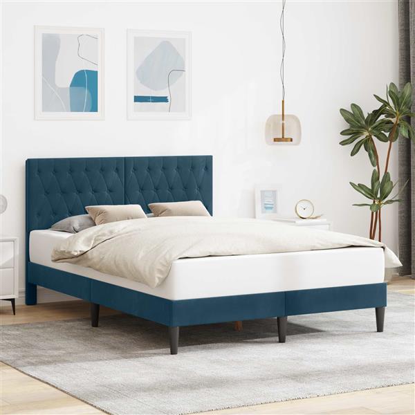 Grote foto vidaxl bedframe met hoofdeinde blauw 140 x 190 cm fluweel antiek en kunst stoelen en banken