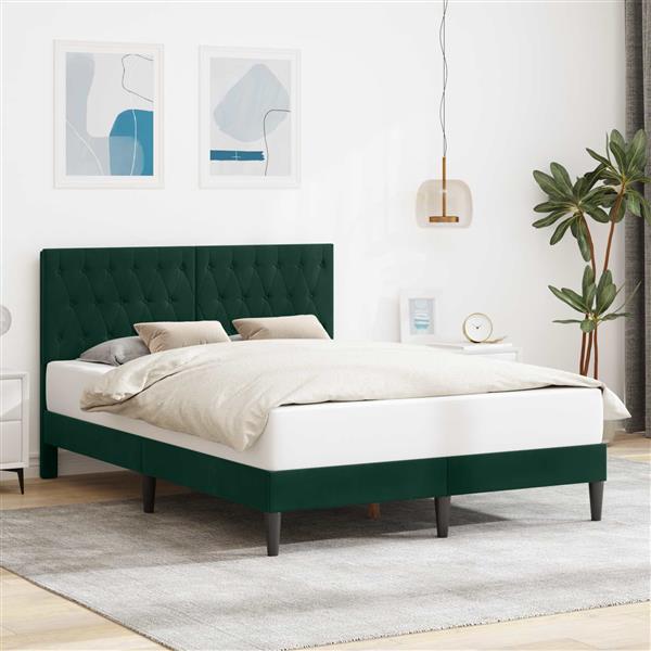 Grote foto vidaxl bedframe met hoofdeinde donkergroen 140 x 200 cm fluweel antiek en kunst stoelen en banken