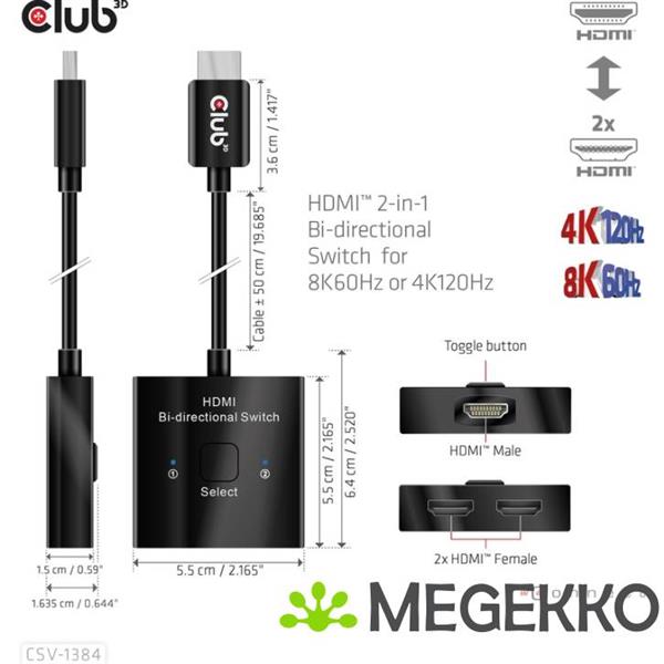 Grote foto club3d hdmi 2 in 1 bi directional switch for 8k60hz or 4k120hz computers en software netwerkkaarten routers en switches