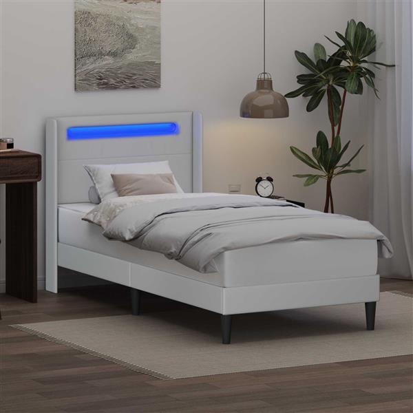Grote foto vidaxl bedframe met led stripverlichting wit 90 x 200 cm kunstleer antiek en kunst stoelen en banken