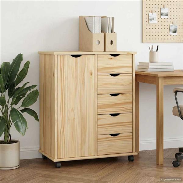 Grote foto vidaxl rolling kast met wiel bruin 63 5 x 39 x 79 cm massief vurenhout huis en inrichting overige