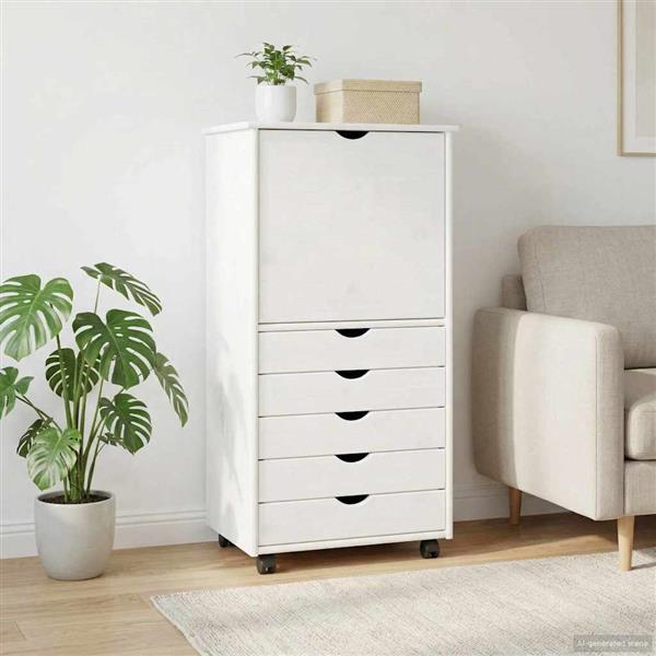 Grote foto vidaxl rolling kast met wiel wit 53 x 39 x 103 cm massief vurenhout huis en inrichting overige