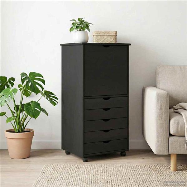 Grote foto vidaxl rolling kast met wiel zwart 53 x 39 x 103 cm massief vurenhout huis en inrichting overige