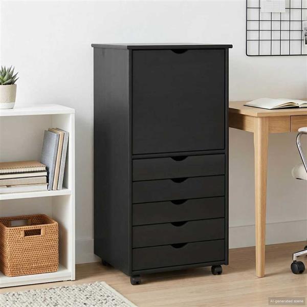 Grote foto vidaxl rolling kast met wiel zwart 53 x 39 x 103 cm massief vurenhout huis en inrichting overige