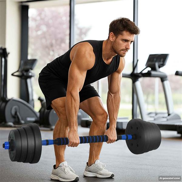 Grote foto vidaxl 4 in 1 dumbbell barbell kettlebell set 30 kg zwart en blauw sport en fitness fitness