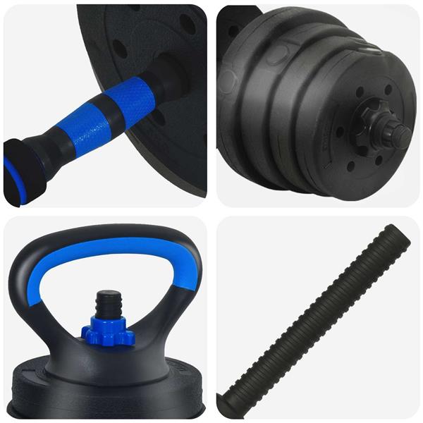 Grote foto vidaxl 4 in 1 dumbbell barbell kettlebell set 30 kg zwart en blauw sport en fitness fitness
