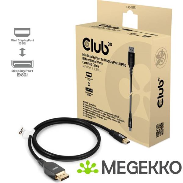 Grote foto club3d mini displayporttm to displayporttm bi directional vesa dp80 certified cable m m 1m 3.28ft computers en software overige