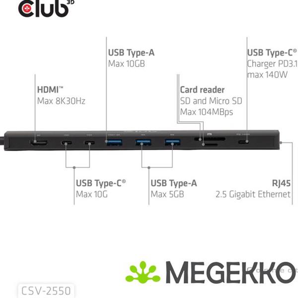 Grote foto club3d 10 1 portable dock usb type c 10gbps to hdmitm 8k30hz pd3.1 max.140watt computers en software overige computers en software