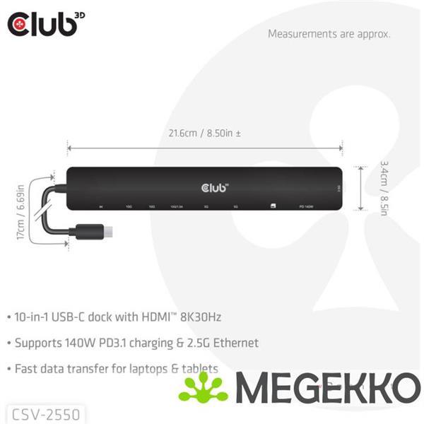 Grote foto club3d 10 1 portable dock usb type c 10gbps to hdmitm 8k30hz pd3.1 max.140watt computers en software overige computers en software