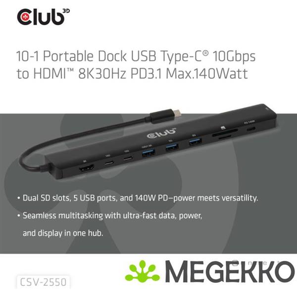 Grote foto club3d 10 1 portable dock usb type c 10gbps to hdmitm 8k30hz pd3.1 max.140watt computers en software overige computers en software
