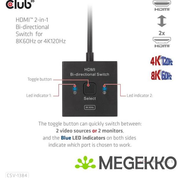 Grote foto club3d hdmi 2 in 1 bi directional switch for 8k60hz or 4k120hz computers en software videokaarten
