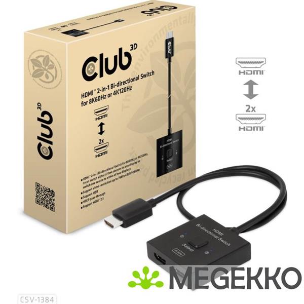 Grote foto club3d hdmi 2 in 1 bi directional switch for 8k60hz or 4k120hz computers en software videokaarten