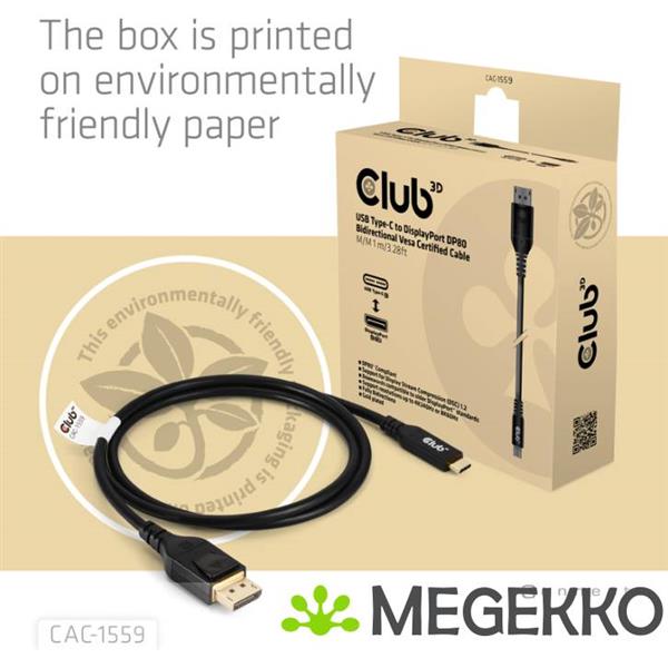 Grote foto club3d usb type c cable to dp 2.1 bi directional vesa dp80 certified cable m m 1m 3.28ft computers en software overige