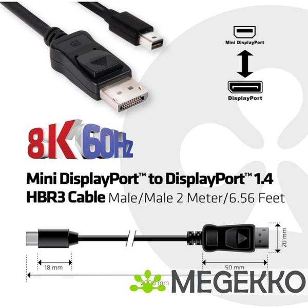 Grote foto club3d mini displayport naar displayport 1.4 hbr3 kabel 2 meter computers en software overige