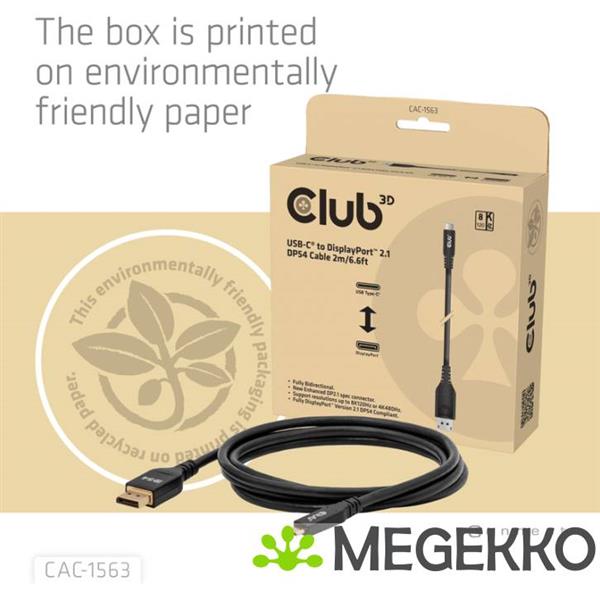 Grote foto club3d cac 1563 usb c to displayporttm 2.1 dp54 bi directional cable 8k120hz 2m 6.6ft computers en software overige