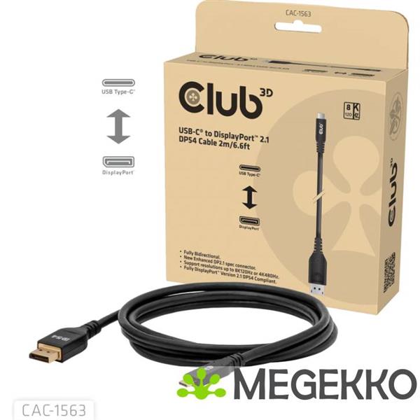 Grote foto club3d cac 1563 usb c to displayporttm 2.1 dp54 bi directional cable 8k120hz 2m 6.6ft computers en software overige