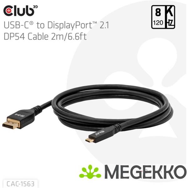 Grote foto club3d cac 1563 usb c to displayporttm 2.1 dp54 bi directional cable 8k120hz 2m 6.6ft computers en software overige